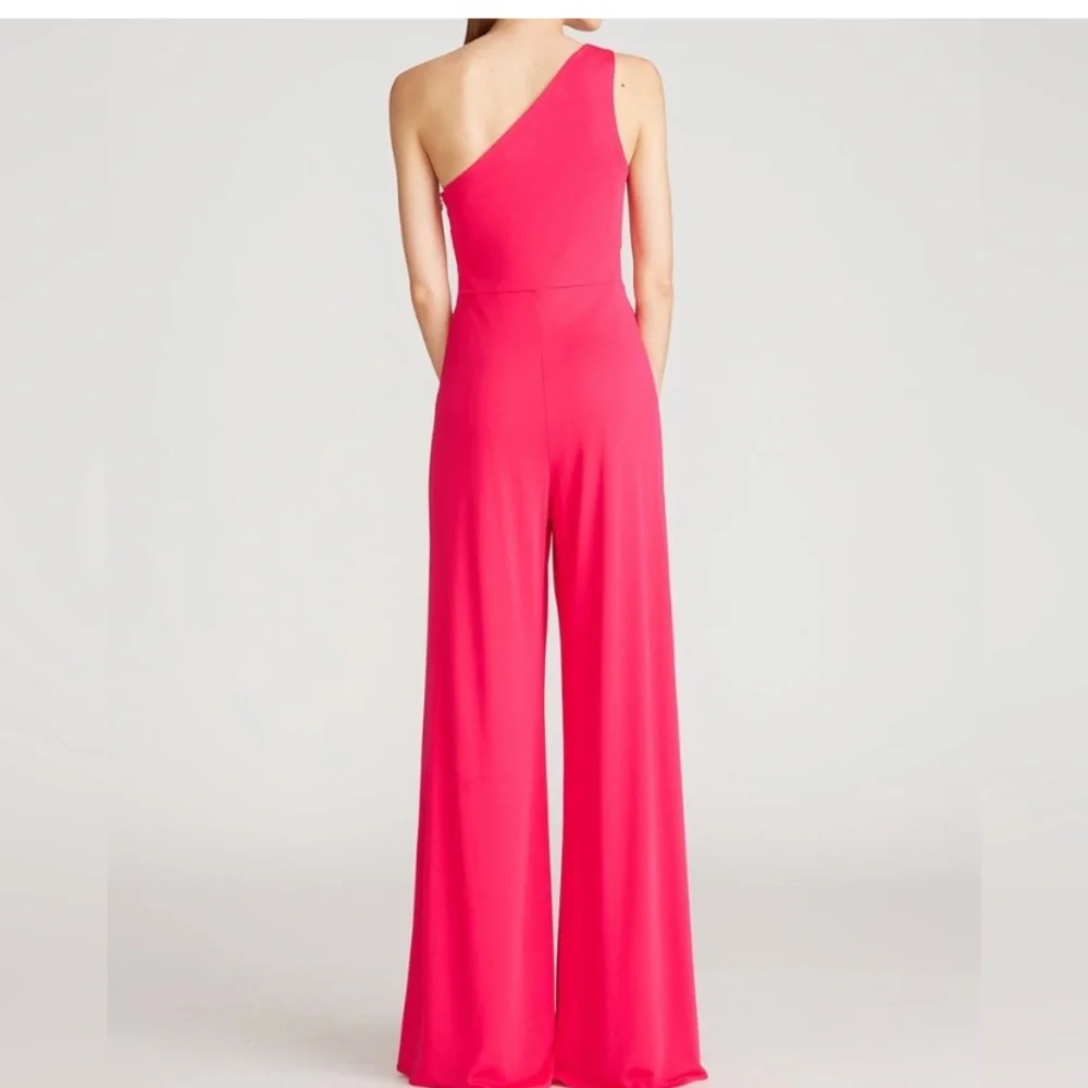 Halston Randi Jersey Twist Jumpsuit Wide Leg Sz 16 Pink Formal‎ Cocktail Wedding